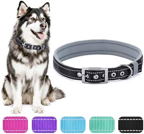 Segarty Reflective Dog Collar for Extra Large Dogs, Adjustable Wide Soft Comfortable Breathable Neoprene Padded Nylon Collar with Heavy Duty Metal Buckle for Extra Large Breeds (XL, Black)