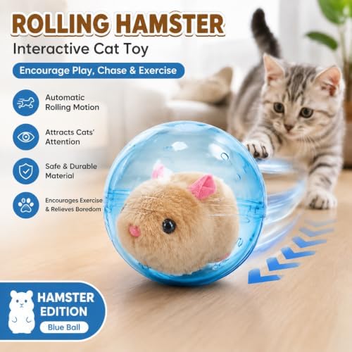 Electric Hamster Ball Cat Toy – Automatic Rolling Animal Pet Rolling Ball, Interactive Hamster Ball Cat Toy for Indoor Cats Exercise and Chase Play (Hamster(Blue))