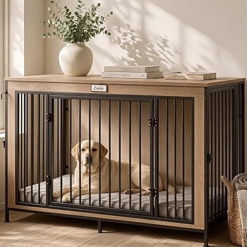 48" XL Dog Crate Furniture for Large Dogs,Farmhouse Light Oak Wood Dog Kennel, Heavy DutyAnti-Chew Steel Frame, Escape Proof Pet Crate, 3Door Indoor Dog House, TV Stand EntertainmentCenter 350LB