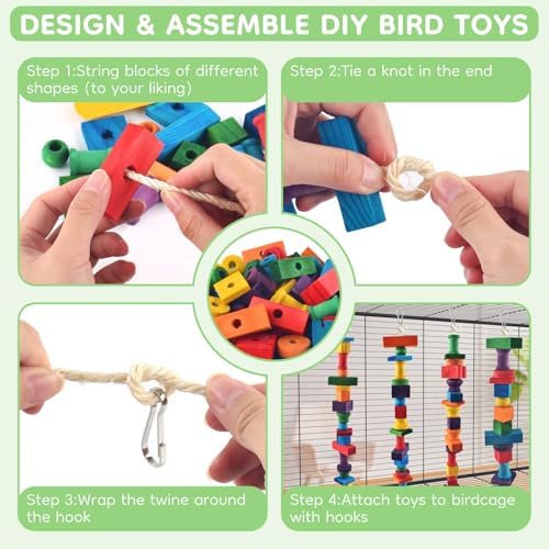 DBNESS Bird Toys for Parrots, 200 Pcs Colorful Multi-Shaped DIY Wooden Blocks Craft, Natural Parrot Chew Training Foot Toy for Amazon African Grey Cockatiels Conure Monk Parakeet