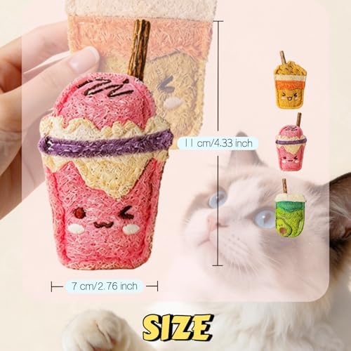 Natural Loofah Chew Cat Toys Janpanese Style, Dental Care Silvervine Sticks for Indoor Cats and Kittens, Milk Tea Cup-Shaped Catnip Treat Toys (Brown)
