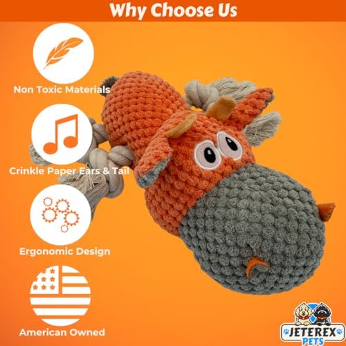 Large Dog Toy - Orange Cow Squeaky Dog Toys for Large Dogs, Med and Small Dogs. Durable with Pineapple Plush Fabric, Rope Legs, Hidden Seams, Reinforced Stress Points, Embroidered Eyes