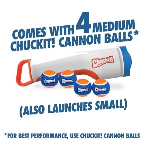 Chuckit! Cannon 16M Dog Ball Launcher for Fetch, 16-Inch Dog Fetch Toy and Interactive Ball Launcher, Works with Small 2-Inch and Medium 2.5-Inch Balls, Includes 4 Medium Balls