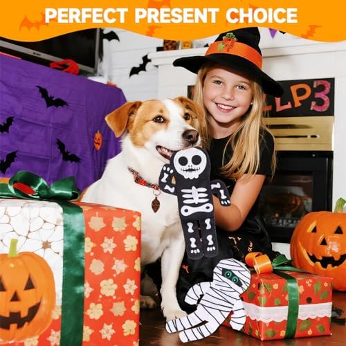 PAWCHIE Halloween Squeaky Dog Toys 2 Pcs for Small Medium Dogs,No Stuffing Crinkle Puppy Toy,Soft Pet Plush Teething Toys Mess-Free Interactive Chew Toy for Boredom Ideal, Skeleton & Mummy