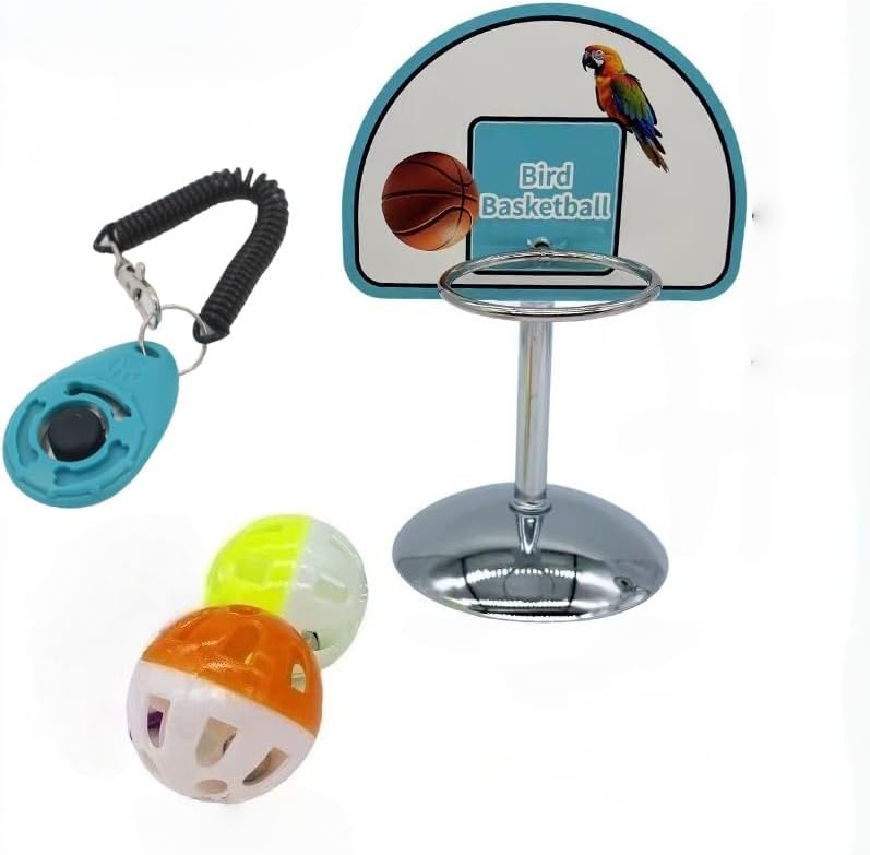 Fosrion Parrot Basketball Hoop Toy Set - Training Hoop with 2 Bird Balls Parrots (Small + Clicker)