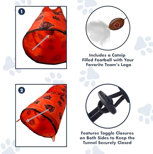 NFL Denver Broncos Cat Tunnel Tube Toy with Plush Football Catnip and Feathers Collapsible Tunnel for Cats to Play, Peek and Hide, Sporty & Fun Cat Tunnel Toy with Team Logo All-Over Design!