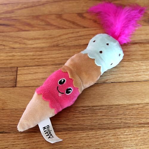 Quirky Kitty Ice Cream Kicker Catnip Crinkle Feather Soft Plush Cat Toy | Large Kicker Cat Toy for Bunny Kicks, Pouncing & Batting | Interactive Catnip Toy for Active Play