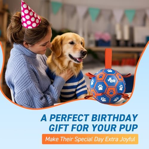 QDAN Dog Ropes Toys, Soccer Ball with Straps, Tug Toy, Dog Birthday Gift