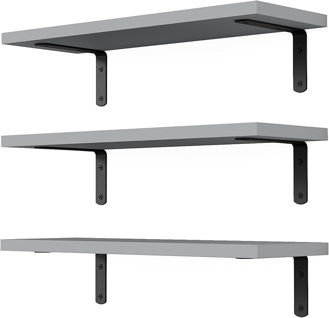 DOLLFIO Floating Shelves, 3 Sets Wall Wooden Shelves for Décor, Mounted Bathroom Shelf Storage, Book Wall, Bedroom, Living Room – Grey, HM02