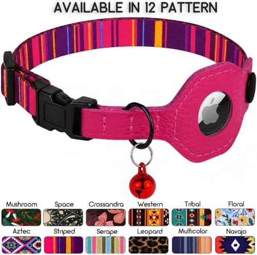 Breakaway Cat Collar with Leather AirTag Holder & Bell - Apple Air Tag Cat Collars for Girls & Boys, Lightweight Anti-Lost GPS Tracker Design, Printed Pattern - Safety and Adjustable (Striped)
