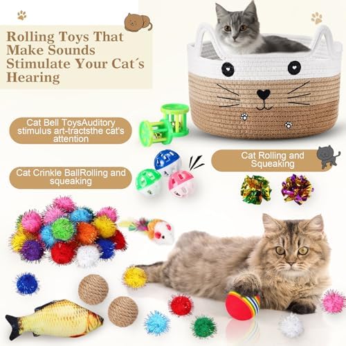 Zopeal 76 Pcs Cat Storage Basket Gift Toys Set, Khaki