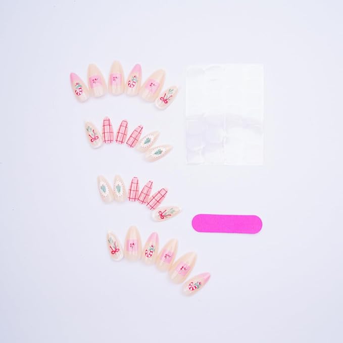 Christmas Press on Nails Bow Fake Nails Xmas Tree Glue on Nails Medium Almond False Nail Artificial Acrylic Glossy Full Cover Pink Stick on Nail for Women Manicure 24Pcs