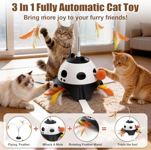 Casfuy 3-in-1 Interactive Whack-a-Mole & Rotating Feather Wand Cat Chasers Toy with Plush Tail, Black