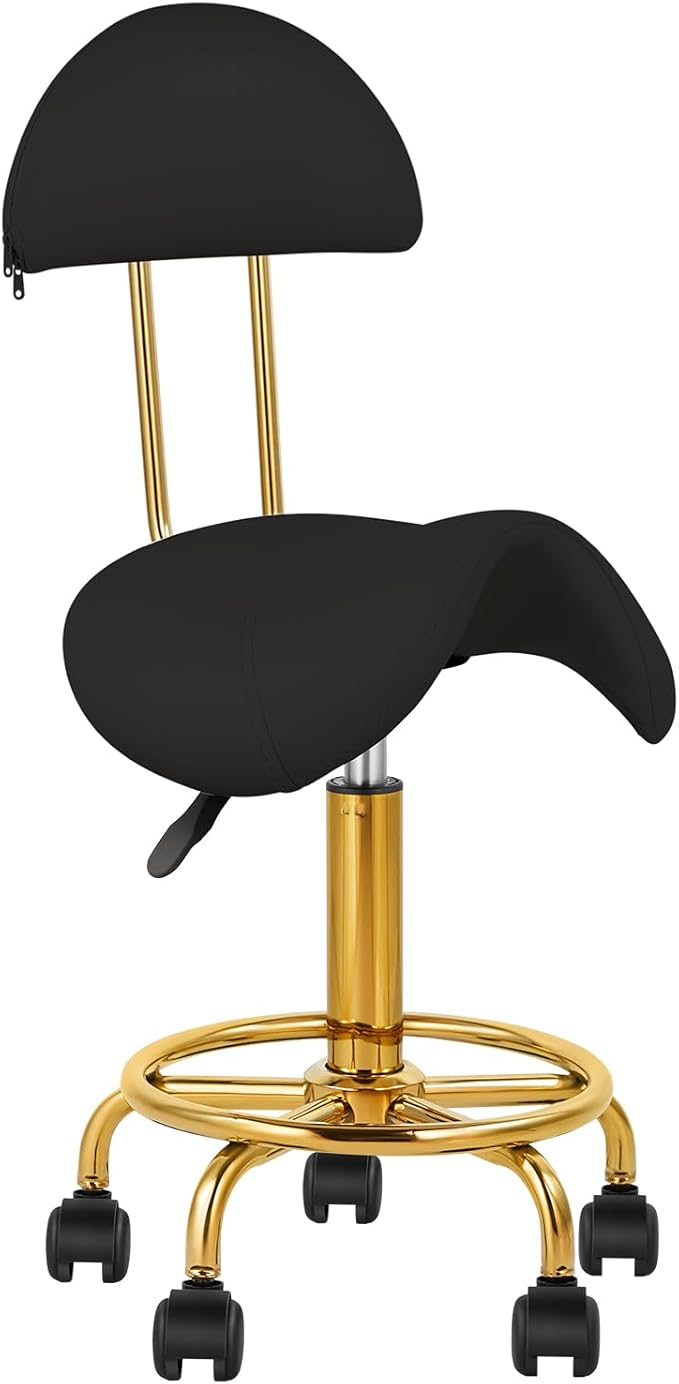 Saddle Chair Rolling Ergonomic Swivel Chair with Soft Comfortable Cushion and Wheels Hydraulic Adjustable Stool for Home Office Dental Tattoo Salon Shop Use with Backrest (BlackGold)