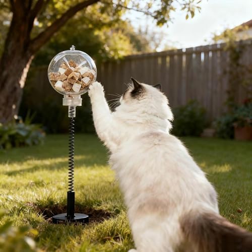 2 Pack Cat Toys for Outdoor, Plastic Treat Ball with Spring and Metal Stake, Cat Treat Dispenser, Toy for Cats to Keep Them Busy, Kitten Toys
