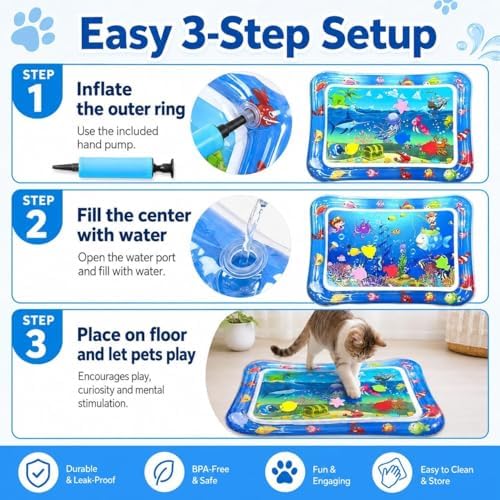 2026 Upgraded Pet Water Sensory Mats, Cat Water Mat with Floating Fish Toy, Thickened Interactive Cat Water Play Mat Toy, Leak Proof Cooling Pad for Indoor Cats Kittens Summer (#I)