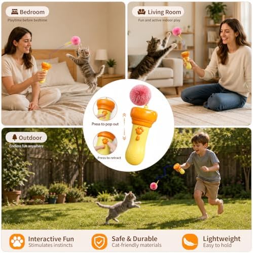 Kzoom Automatic Cat Teaser Launcher, Cat Balls Fetch Toy with Retractable Rope and Fuzzy Ball, Interactive Cat Toys for Indoor Cats, Enrichment Toy(Without Battery)