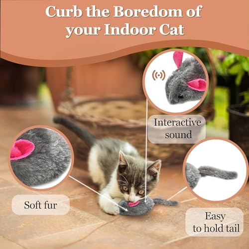 SunGrow Squeaky Plush Mice for Cats, 6 Tug Squeaker Chews for Kittens' Interactive Fun, Hide and Seek Activity, Soft Stuffed Fetch for Ferrets