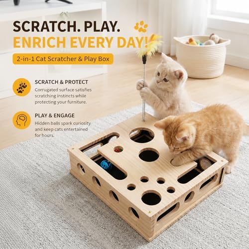 3-in-1 Cat Amazing Puzzle Box, Interactive Foraging Hunt & Cat Nail File Device with 1 Feather Wand & 3 Bell Balls, Wooden Enrichment System for Indoor Cats to Scratch, Play & Exercise
