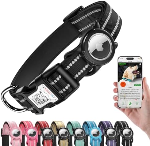 Reflective Dog Collar with AirTag Holder, Waterproof Dog Collar with QR Code, Heavy Duty Adjustable Pet Collar for Small Medium Large Dogs, Black