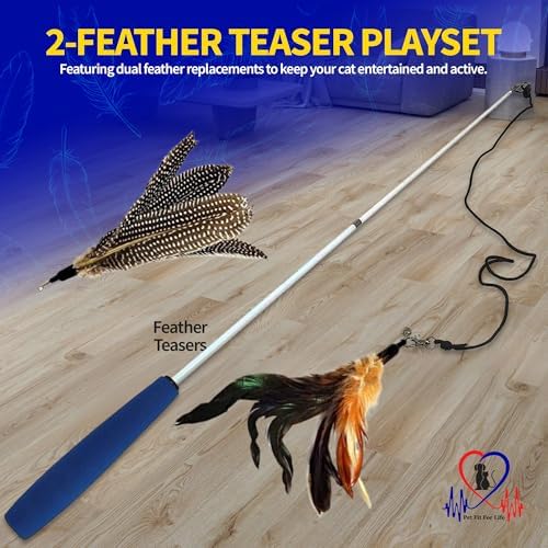 Pet Fit For Life Cat Feather Wand Toys – Interactive Cat Wand Toy for Indoor Pets | 2 Feather Attachments | Promotes Animal Health & Fitness, Made w/ Soft & Durable Materials | Gift (Brown)