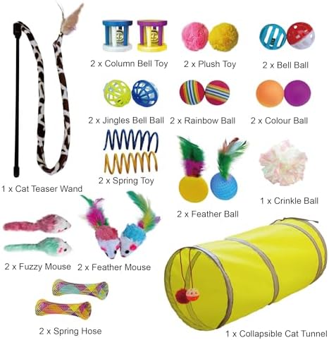 PetLike 25pcs Interactive Cat Toys Set Collapsible Cat Tunnel Interactive Feather Teaser Wand,Spring Toys & Balls for Indoor Cats (Green, 25x55cm)