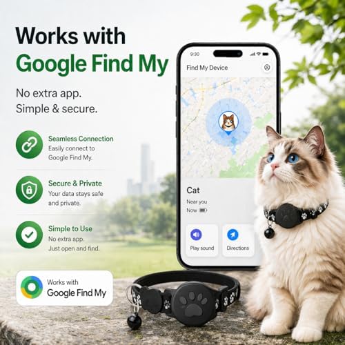 GPS Collar for Cats (Android Only) Smart tag,Pet Tracker,Waterproof Compatible with Google Find My,No Monthly Fee,Tracking Solution Smart Collar for Pet Safety,Small Large Cats