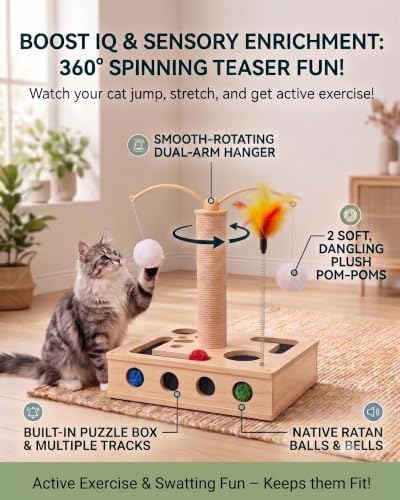 4-in-1 Wooden Interactive Cat Toy with Scratching Post & 3 Rattan Bell Balls - Cat Puzzle Box Treat Maze, 360° Rotating Spinning Teaser with Hanging Pom Poms, Durable Sisal Scratcher for Indoor Cats