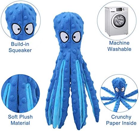 WishLotus Octopus Dog Squeaky Toy - No Stuffing, Plush, Crinkle Paper in Legs, Corduroy Interactive Play & Teething Toy for Small, Medium Dogs (Blue)