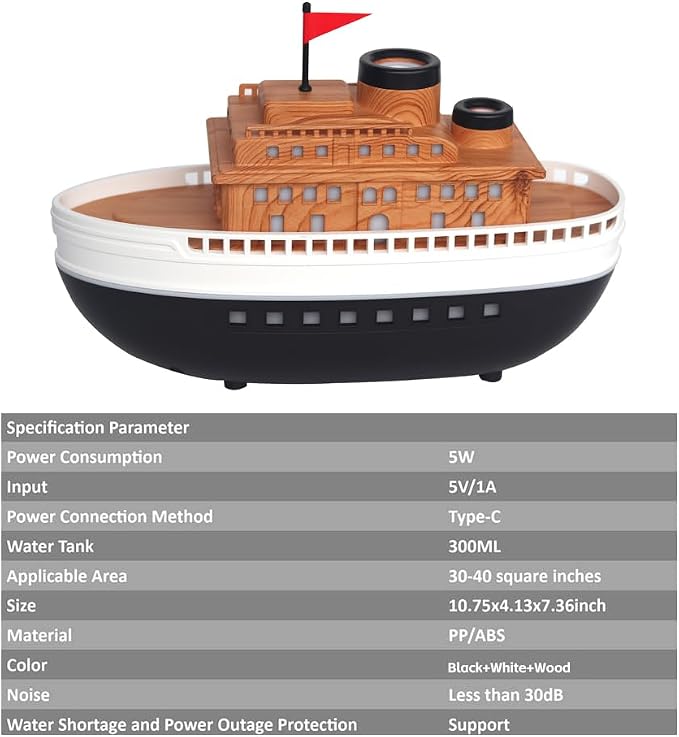 Wood-Look Cartoon Boat Ornament Oil Diffusers with 300ml Capacity for Large Rooms, Auto Shut-Off Dual-Hole Spraying Mist & 8-Hour Aromatherapy Humidifier, Type-C Port Connection for Bedroom Office
