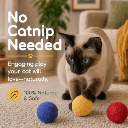 Wool Cat Balls - Safe Silent Felt Ball Toys - Fun Colorful Soft Quiet Wool Kitty Toys - Unique for Cat Lovers - 6 PCS Hand Made in Nepal