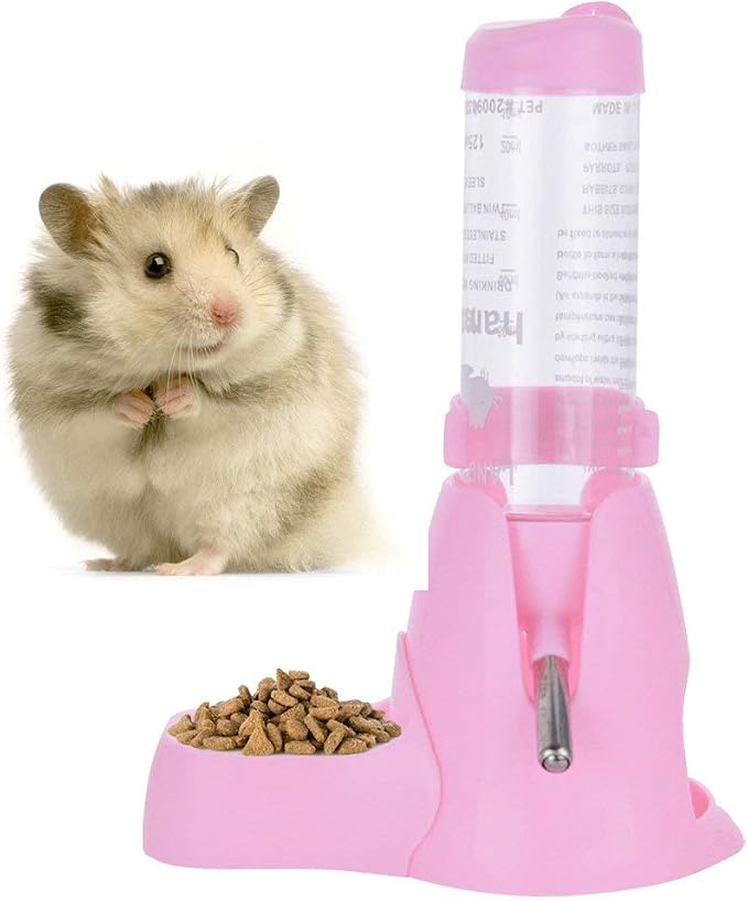 Guardians Hamster Water Bottle, Little Pet Automatic Drinking Bottle with Food Container Base Hut Hanging Water Feeding Bottles Auto Dispenser for Small Animals (125ml,Pink)