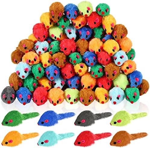 Sosation 120 Pcs Rainbow Furry Cat Mouse Toys Interactive Rattle Cat Toy Mice Small Soft Rustle Sound Kitten Toys for Pets Cat Puppy Kittens Play, Assorted Colors