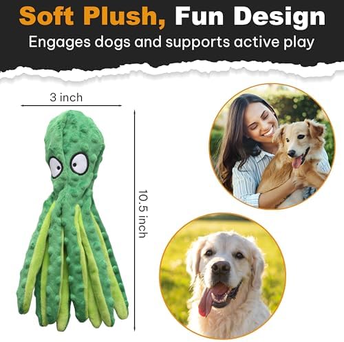 Squeaky Octopus Dog Toy – No Stuffing, Crinkle Sound Plush Chew Toy for Small and Medium Dogs – Durable and Machine Washable – 2 Pack (Orange & Green)