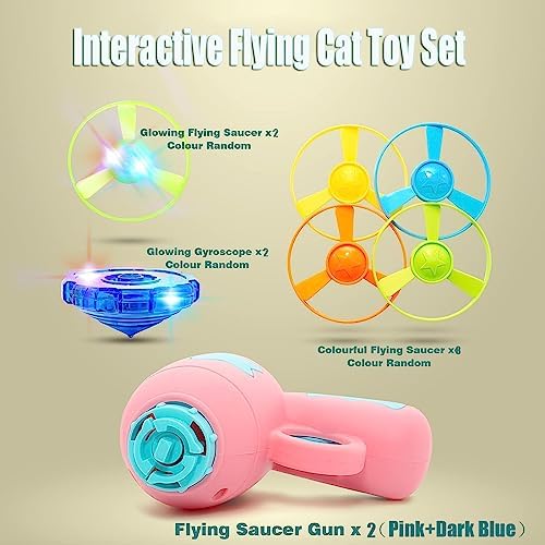 14 Pieces Cat Fetch Toys, Interactive Flying Cat Toy with 2 Light Up Spinning Tops, 10 Flying Propellers, Cat Kitten Tracks Interactive Toy for Training Hunting Chasing