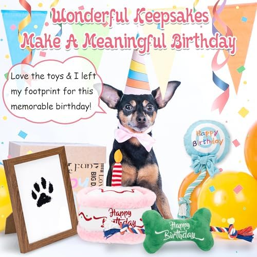 LECHONG 7Pcs Dog Birthday Toys Gifts, No-Mess Paw Print Keepsake Kit with Squeaky Dog Cake Toy, Plush Crinkle Toy, Pet-Safe Ink Pad & Photo Frame for Small Medium Dogs