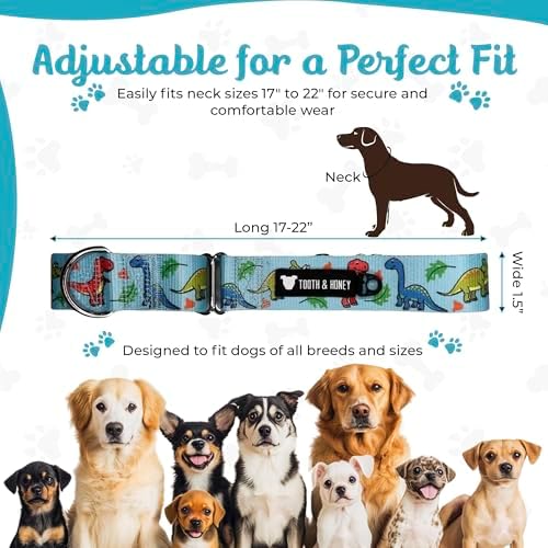 Tooth & Honey Martingale Dog Collar, 1.5-Inch Wide Dinosaur Print Design