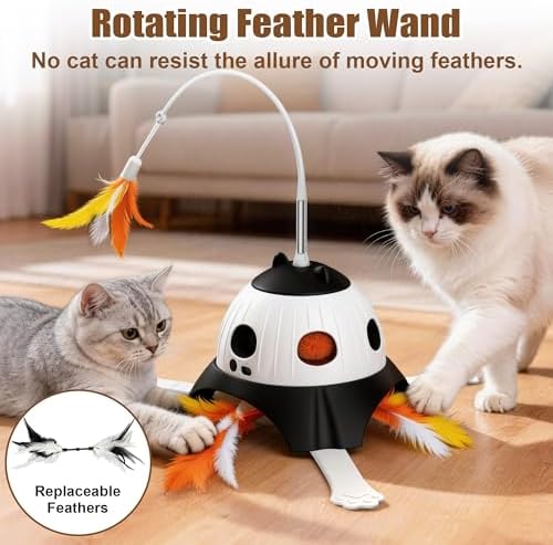 Casfuy 3-in-1 Interactive Whack-a-Mole & Rotating Feather Wand Cat Chasers Toy with Plush Tail, Black