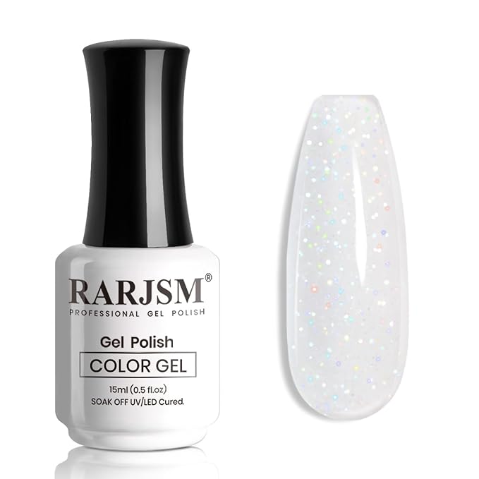 RARJSM Nude Milky White Gel Nail Polish Blue Tone Rainbow Glitter Chunky Iridescent Sparkle Shimmer Diamond Jelly Transparent Gel Polish Single Bottle Soak off UV LED Cured for Home Salon Manicure