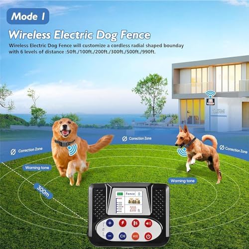 Dog Wireless Fence & Remote Shock Dog Training Collar 2-in-1, Electric Dog Fence, Adjustable Warning Strength & Range Sizes, Rechargeable Pet Boundary Containment System for 1/2/3/4 Dogs,for2dogs