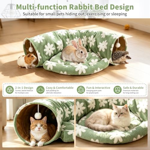 BWOGUE Bunny Tunnel Bed, 2-in-1 Collapsible Rabbit Tunnel Hideout with Mat