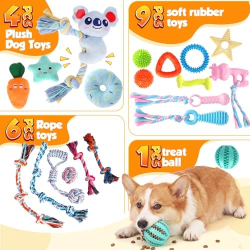 Aitmexcn 20 Pcs Puppy Toys for Small Dogs, Puppy Teething and Chew Toy Set with Squeaky Plush Toys, Treat Ball, Rubber Teething Rings and Rope Toys