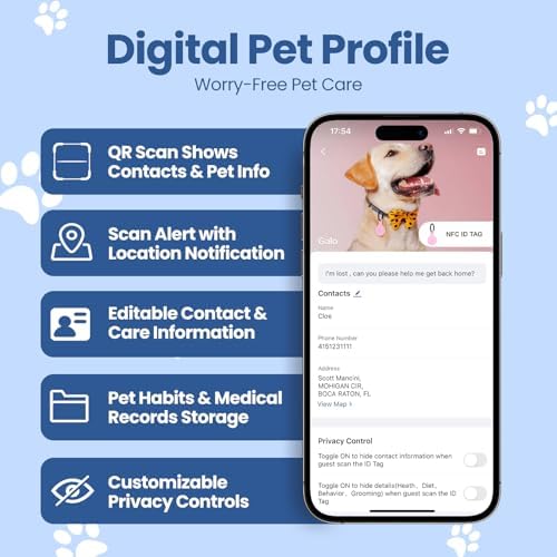 Dog ID Tag with QR Code & NFC, Silent Silicone Dog Name Tags Personalized for Pets- Scan QR for Instant Location Alert, Emergency Contact and Modifiable Pet Profile (White)