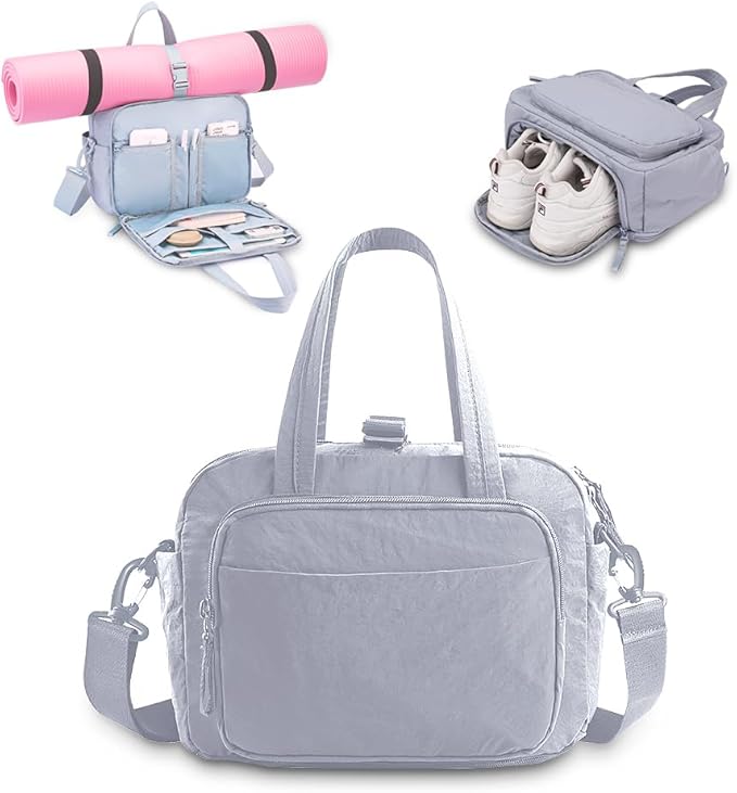 mini gym bag for women, travel duffel bag with wet pockets and Shoe Compartment,Lightweight carry on weekender duffel, water resistant,for sports,yoga,dance,blue