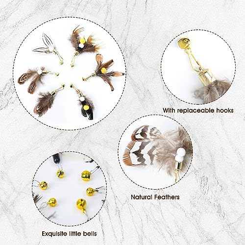 Cat Insect Feather Toys Replacement Cat Toy Wand Refills, 6 Pieces Natural Insect Cat Toy Feathers Refill, Interactive Cat Teaser Wand Attachments, with Bell