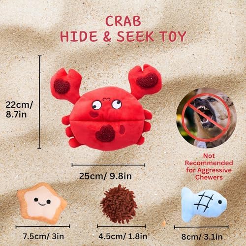 Hide and Seek Plush Dog Toys, Crab Interactive Toy for Small Dogs, Red Puppy Puzzle Squeaky Toys with Crinkle Papers, Durable Snuffle Dog Toys for Medium Pet