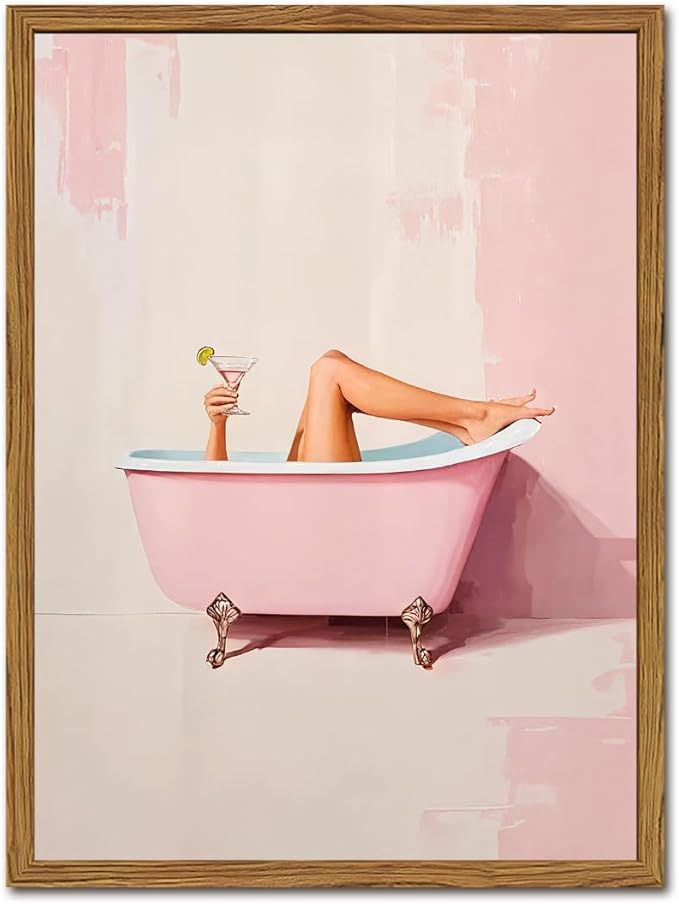 Funny Pink Girl Bathroom Wall Art, Cute Girly Bathtub Wall Decor Painting Trendy Pastel Woman and Martini Bathroom Poster Canvas Print Artwork 12x16 inch Framed