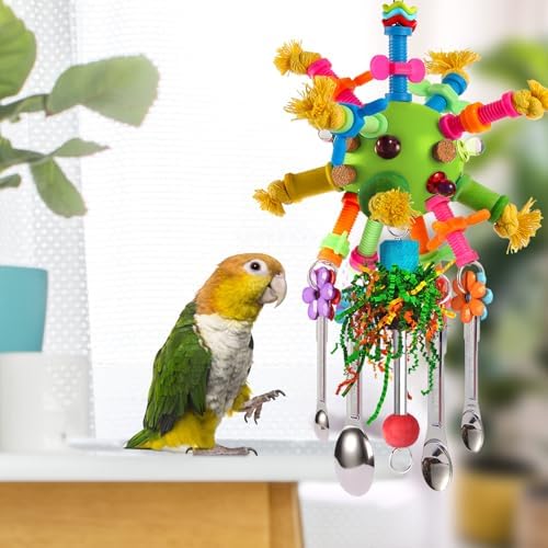 Parrot Toys Bird Toys Perch Pullable Stainless Steel Spoons Colorful Acrylic Stick Chew Toys for Amazons Mini Macaws African Greys Cockatoos Conures,Cockatiels,Lovebirds,Parrotlets and Other (green)