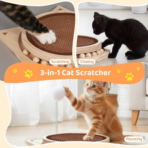 Natural Sisal Cat Scratcher with Ball, Round Kitten Scratching Pad Track and Spring Cat Toy Interactive Cat Toys for Indoor Cats Kitten Toys Enrichment Puzzle Play Exercise