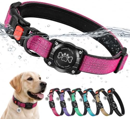 Geamen Dog Collar for Airtag Waterproof QR Code Reflective Collar HotPink,M | Built-in Waterproof Holder, QR Code Tag, Reflective,Secure Buckle
